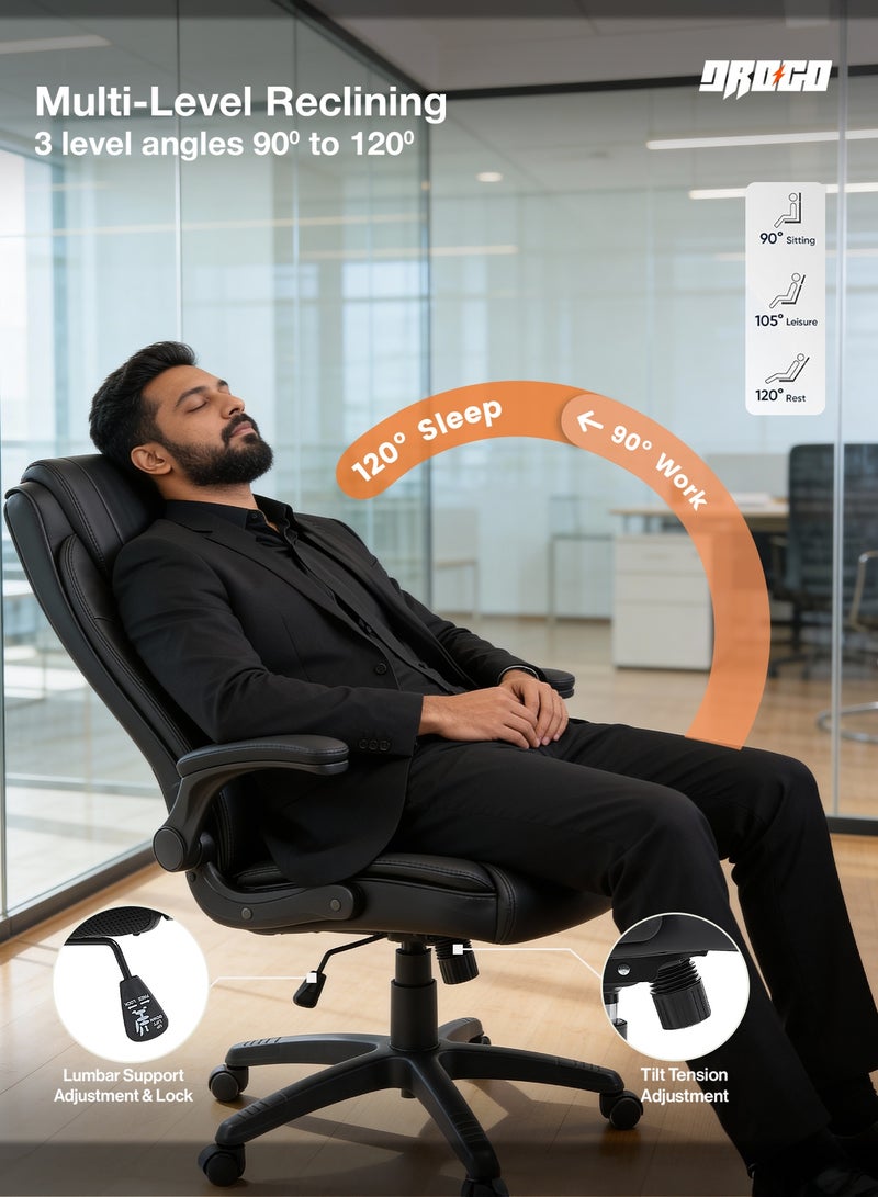 DROGO Ergonomic Premium Leatherette Office Chair for Work at Home, Computer Chair with Flip-Up Armrest, Height Adjustable Leather Seat, Cushioned Headrest, & Lumbar Support | Desk Chair with Multi Level Reclining Black - Image 3